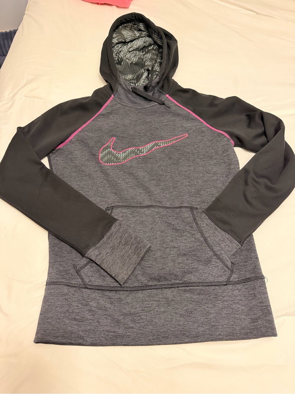 Nike Women's Gray Hooded Sweatshirt with Black Sleeves and Pink Trim